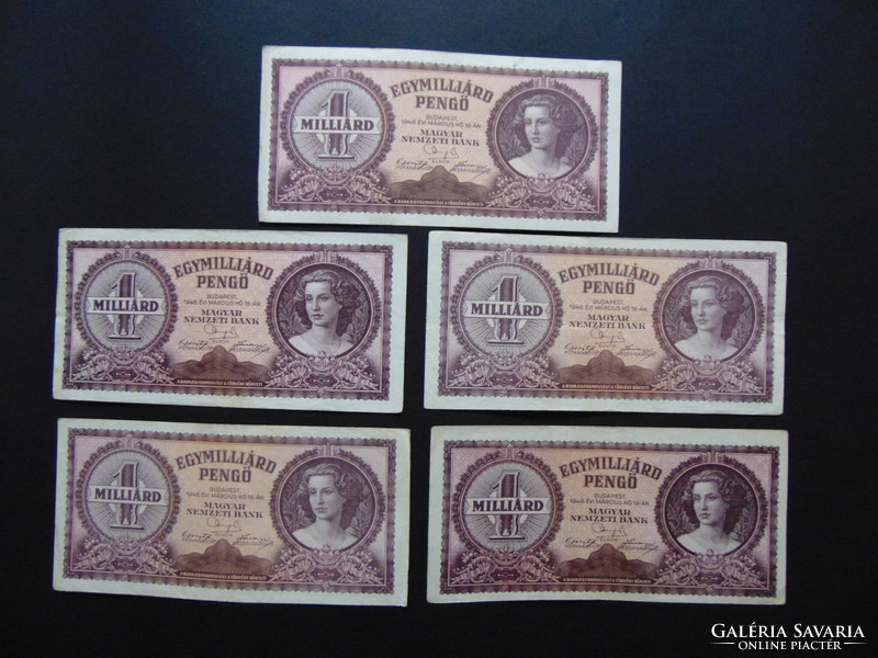 5 One billion pengő banknotes 1946 lot!