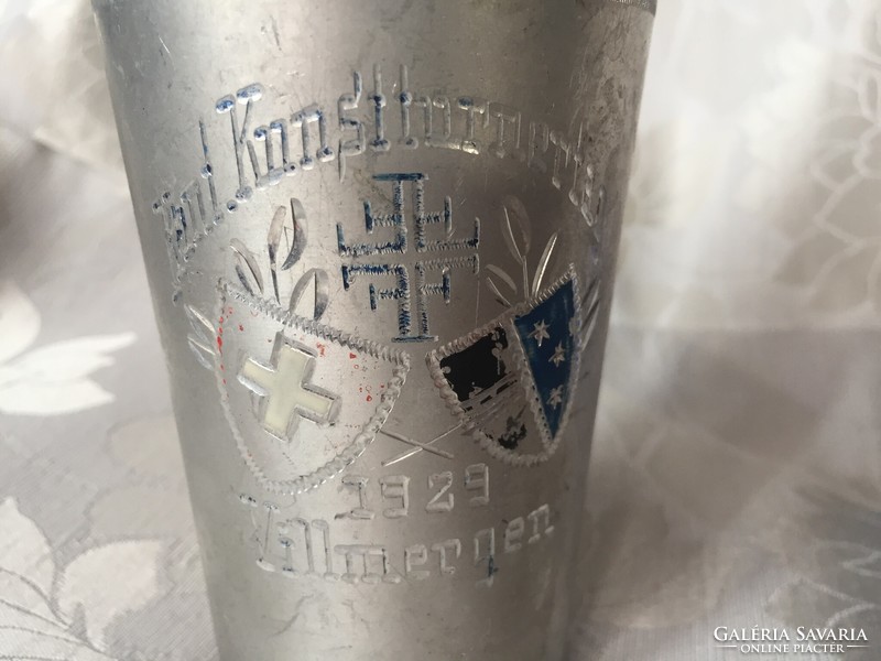 Swiss aluminum cup with old inscription, commemorative cup with 1929 villmergen inscription