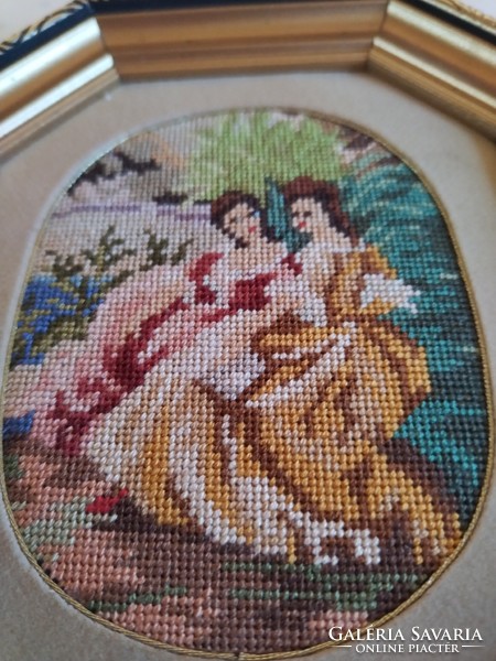 A small tapestry picture with a dramatic theme, in a gilded frame