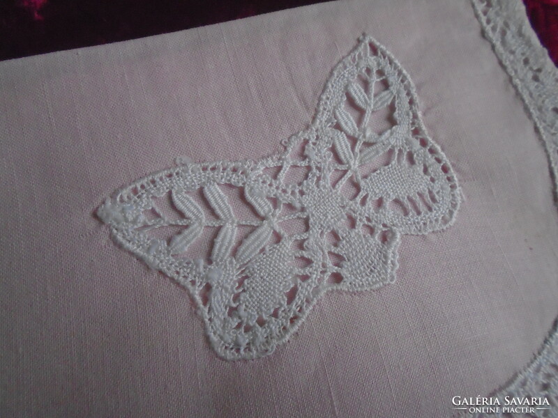 Antique, butterfly, handmade green lace handkerchief holder.