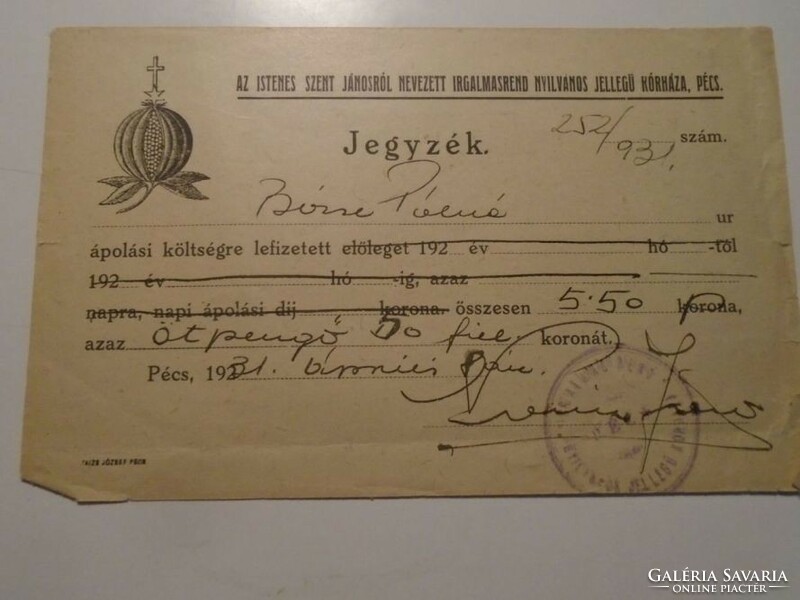Za492.19 - Pécs 1931 St. John's Hospital 5.50 Pengő care costs - list