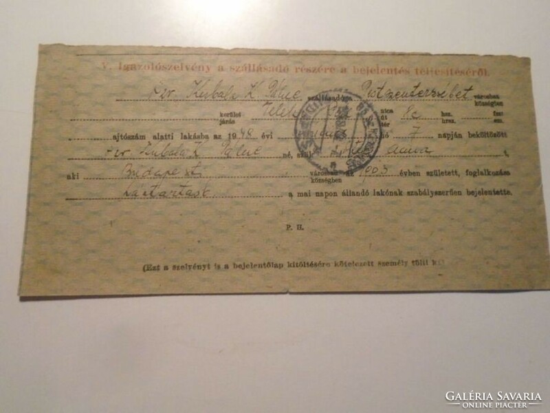 Za490.54 - One of the documents of László Kubala's mother 1948 Budapest - Pálné Kubala - Pesterzsébet