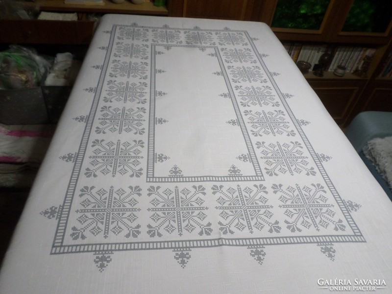 White gray cross stitch pattern large tablecloth.