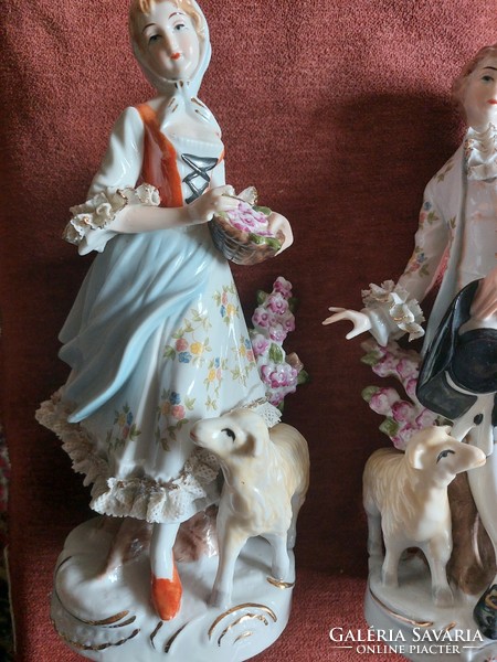 Charming French porcelain shepherd boy-shepherd girl pair with lambs