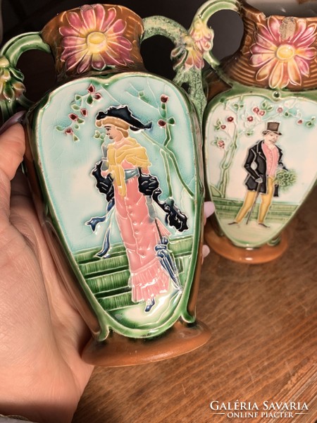 Art Nouveau majolica vase in a pair