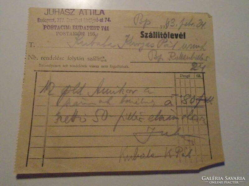 Za492.11- Shipping letter addressed to László Kubala's father with signature, 1943 Budapest