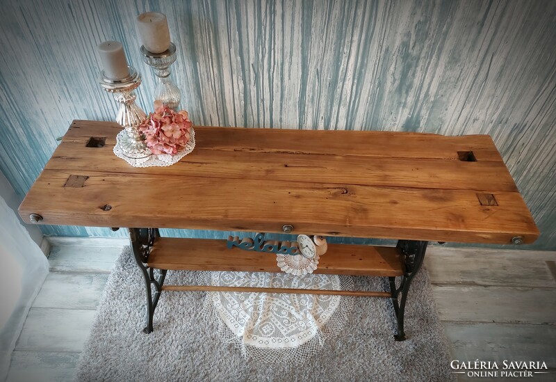 Console table with sewing machine foot, table, singer