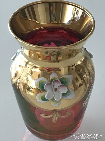 Purple glass vase with porcelain decoration, rich gilding, palda glas