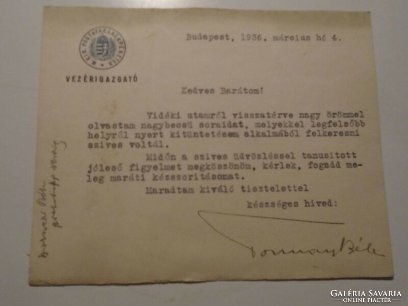 ZA492.25 Magyar Kir. Postatakarékpénztár Tormay Béla vezérigazgató autográf levele 1936