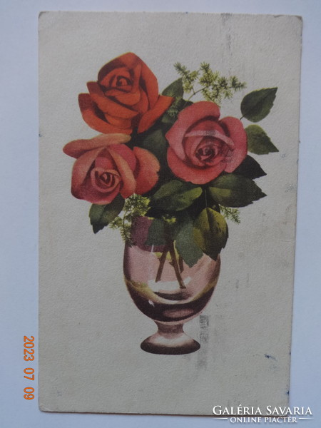Régi grafikus virágos üdvözlő képeslap, rózsacsokor vázában (Izsák Magda rajz)
