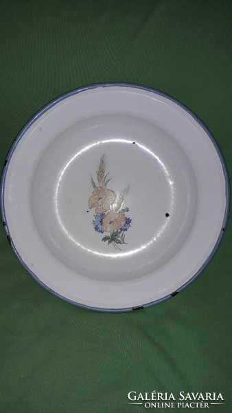 Antik Bonyhádi zománcos fém tál, tányér virágmintával 12 cm átmérő a képek szerint