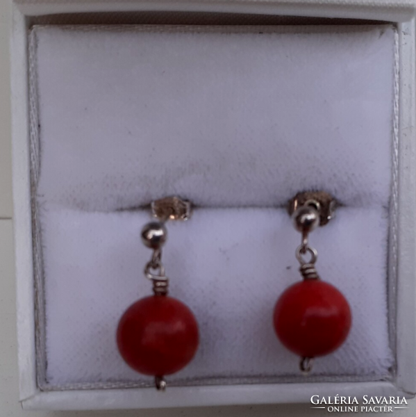 Hallmarked 925 Sterling Silver Stud Earrings Wire Coral Spherical Dangle Stone Encrusted Encrusted With Stone