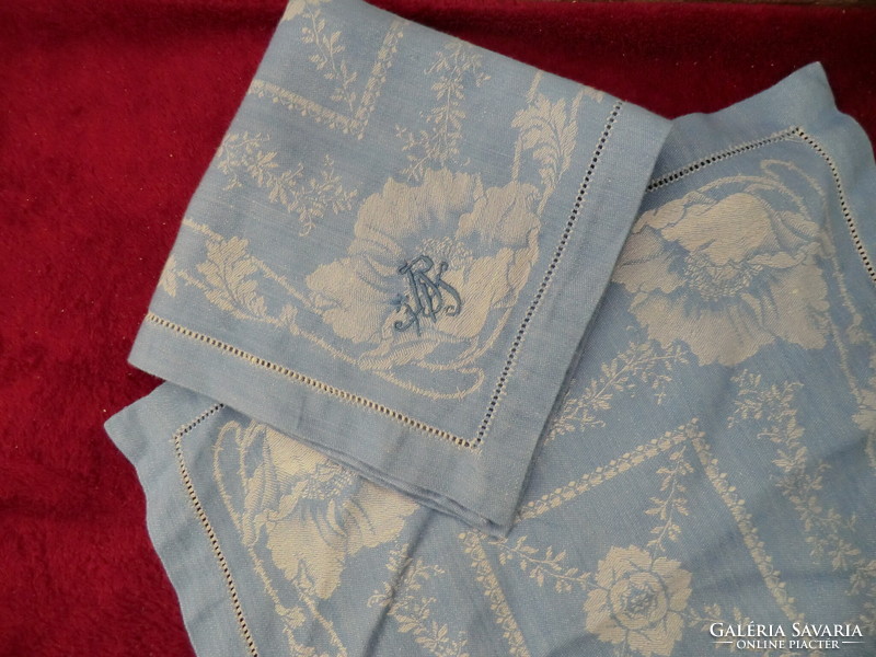 Small damask napkin 34x34 cm with light blue monogram for 3 bread baskets, for pastries