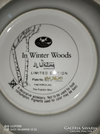 Őzikés gyönyörű angol jelzett, sorszámozott In Winter Woods dísztányér J.H.Whitlingtől