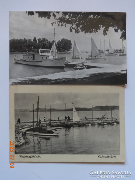 Two old postcards together: Balaton castle, boat harbor (50s)