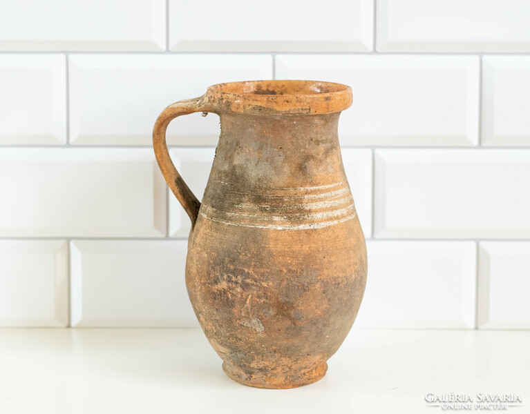 Old ceramic silke with white stripes -l jug, jug, cudgel, folk art