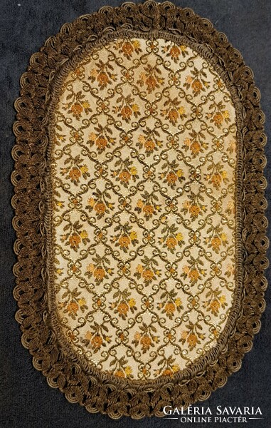 Old oval tapestry tablecloth in display case (l4496)