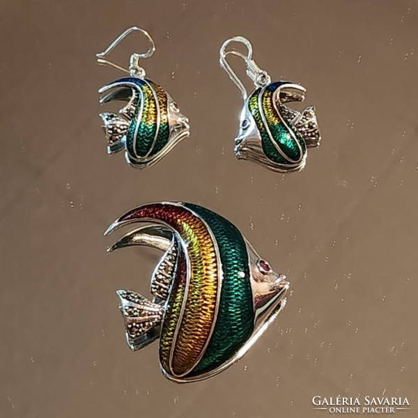 Fabulous fish-shaped ruby, marcasite gemstone sterling silver /925/ ear-pendant/ brooch set ii.- New