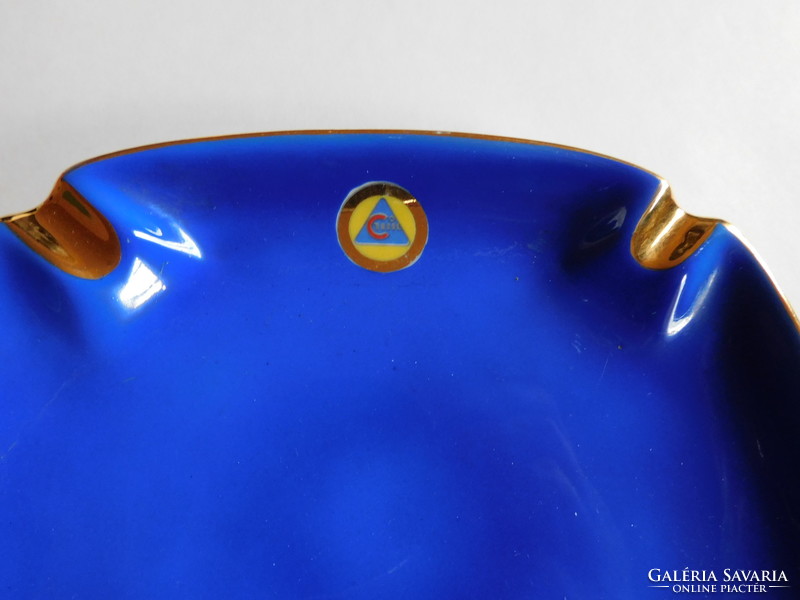 Hollóháza retro royal blue ashtray with company logo