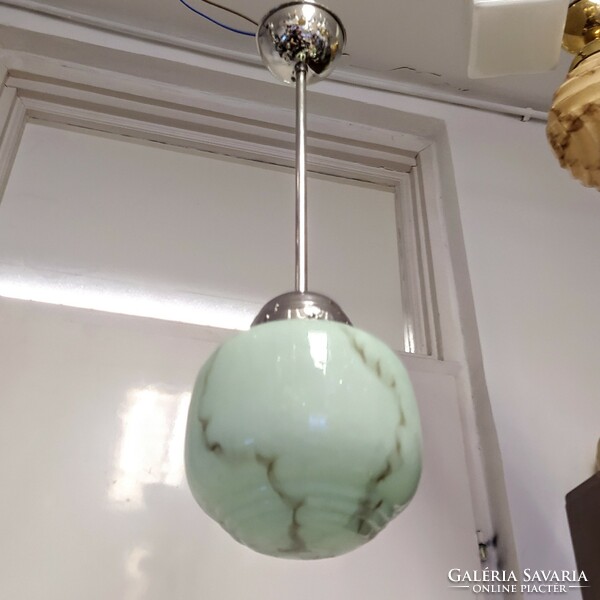 Art deco - streamlined nickel-plated ceiling lamp renovated - marbled green shade