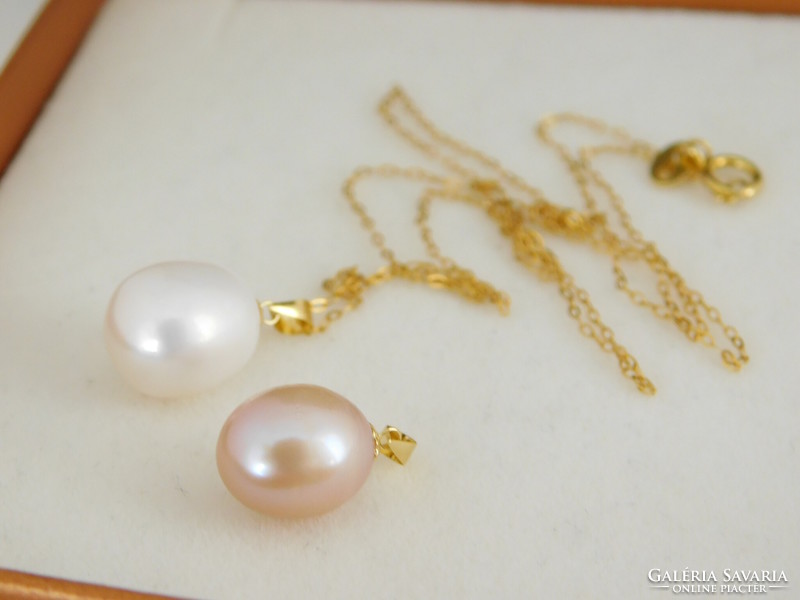 2 pearls 18k gold pendant + gift silver necklace with large 10-11 mm pearls