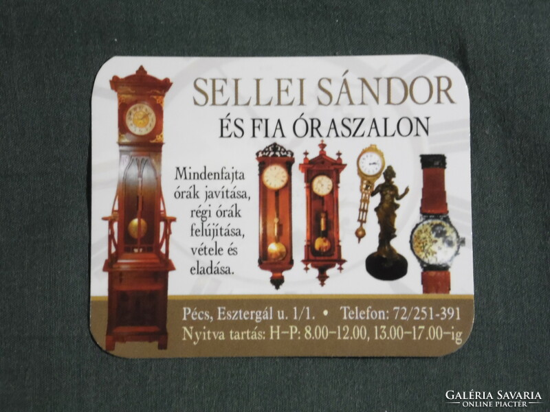 Card calendar, small size, Sándor Sellei watch salon shop, repair, antique wristwatch, standing clock Pécs, 2009, (6)