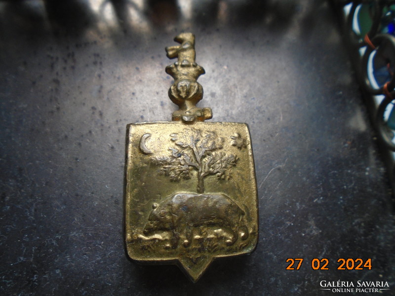 Heraldry coat of arms of the Divéky family (Highland) on a bronze furniture frame with bear, tree, sun, moon elements