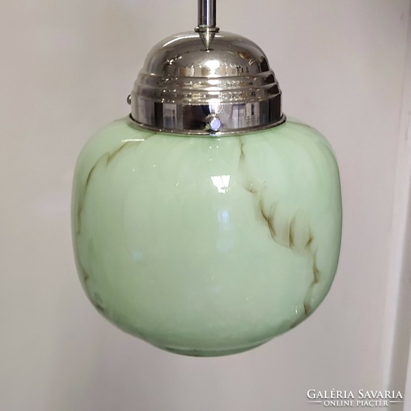 Art deco - Streamline nikkelezett mennyezeti lámpa felújítva - márványozott zöld búra