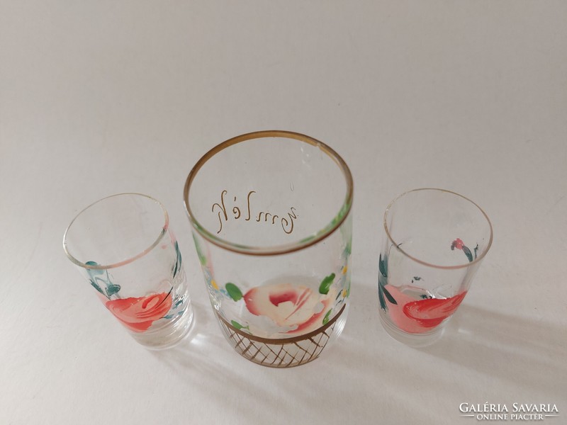3 old painted rose-patterned glass cups with souvenir inscriptions