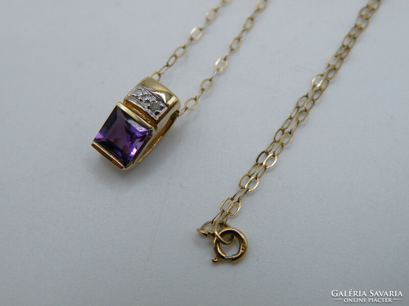 Uk0309 9K Yellow Gold Necklace Purple Stone Pendant
