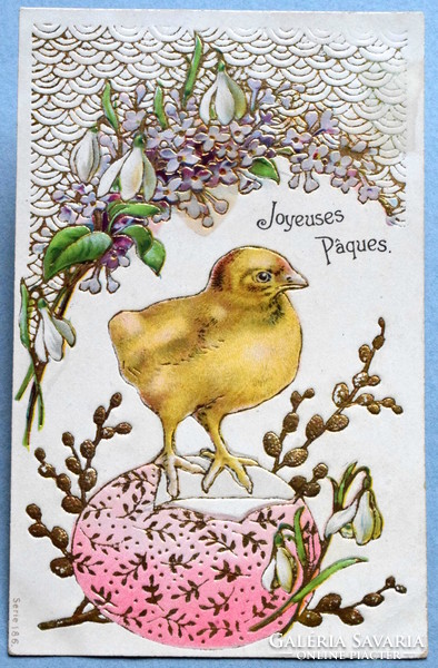 Antik arannnyal préselt Húsvéti üdvözlő képeslap   csibe tojás barka 1905ből
