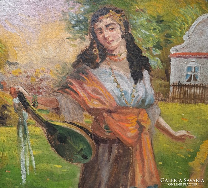 Gypsy girl with mandolin - old oil painting