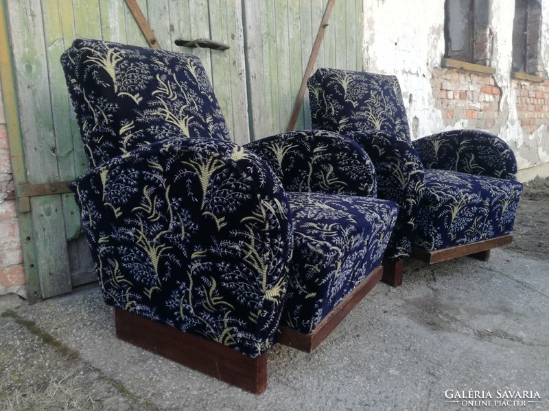 Pair of pre-war art deco armchairs with cool upholstery, circa 1930s