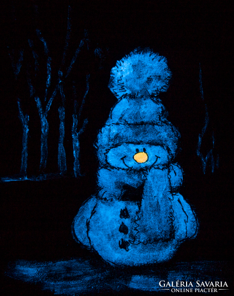 Cheerful snowman - glow in the dark acrylic painting - glow in the dark - 24 x 18 cm