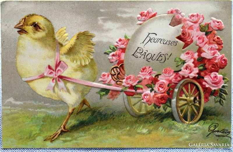 Antique embossed Easter greeting card chick pink egg cordé from 1906