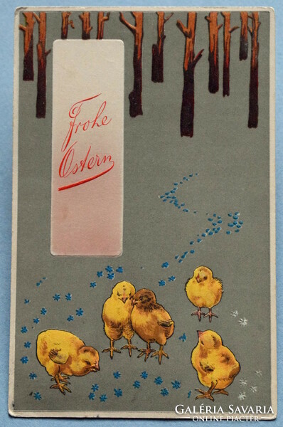 Antik dombornyomott Húsvéti üdvözlő képeslap   csibék 1908ból