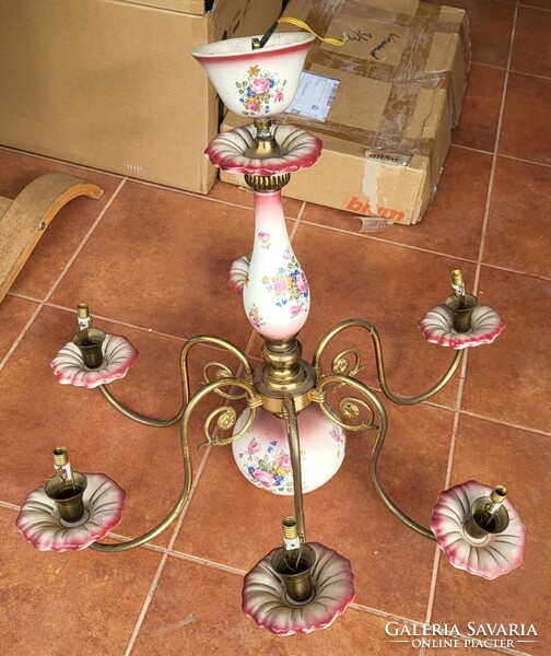 6-branch painted ceramic + copper chandelier