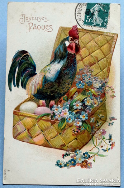 Antique embossed Easter greeting card with rooster eggs from 1909