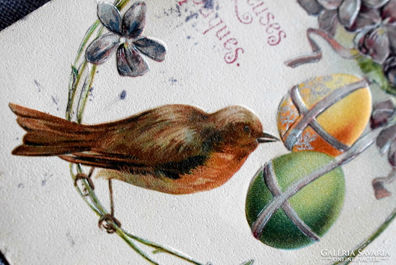 Antik dombornyomott Húsvéti üdvözlő képeslap  madár tojás ibolya  1906ból