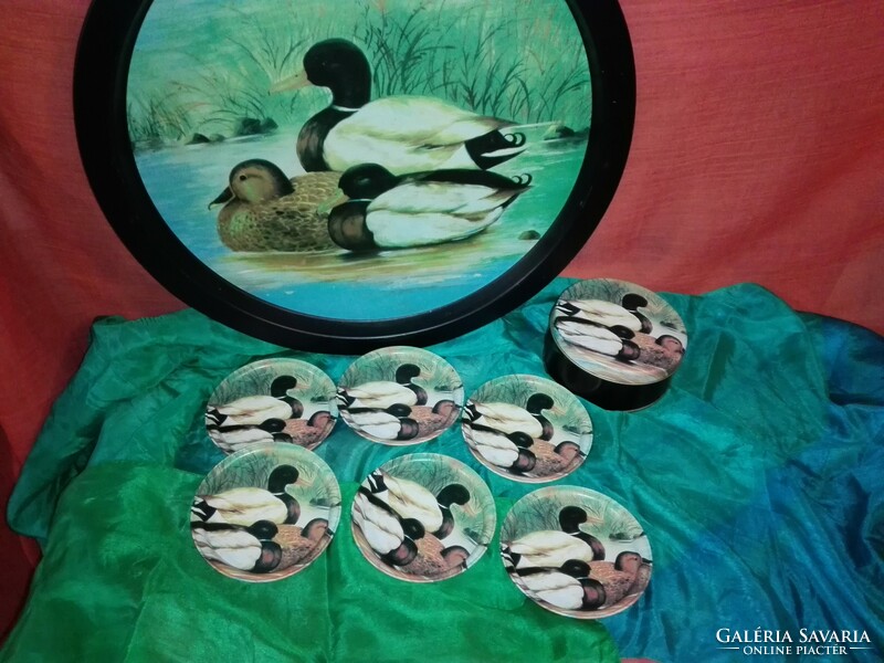 Wild duck tray, 6 glass coasters in a box. Metal.