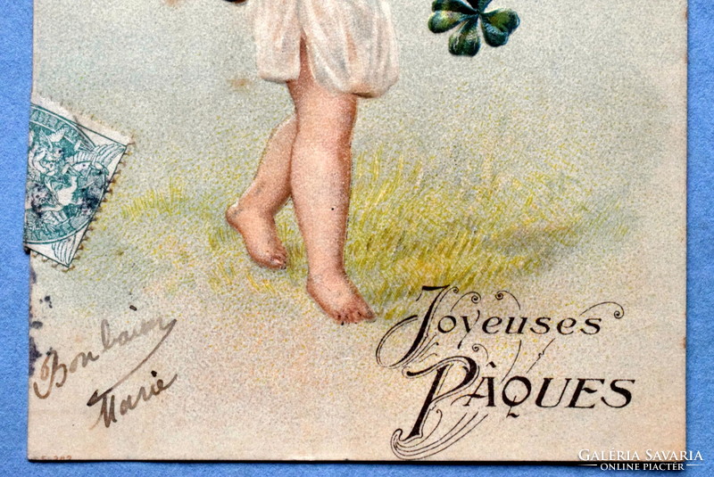 Antik dombornyomott Húsvéti üdvözlő képeslap  angyalka tojás kosár 4levelű lóhere  1907ből
