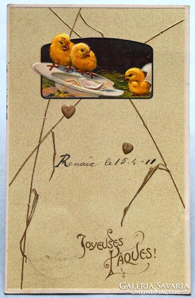Antik dombornyomott Húsvéti üdvözlő képeslap   csibék