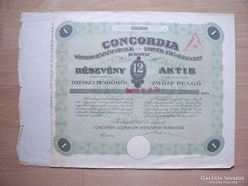 Részvény - Concordia Gőzmalom Részvény - Társaság 1927