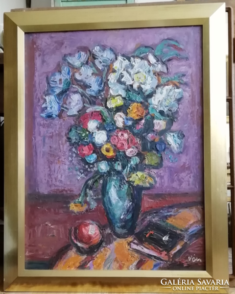 Vén Emil: Virág Csendélet, olajfestmény rétegelt lemezre festve, Aukciókon szerepelt, leinformálható