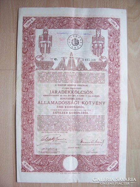 1000 Korona government debt bond, annuity loan 1915 + vouchers