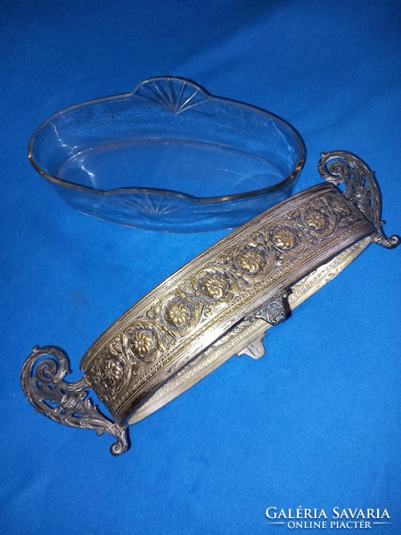 Antique historicizing neo-baroque decorative glass inset silver-plated copper serving center bowl bombonier