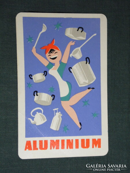 Kártyanaptár, Magyar alumíniumipar ,kukta, lábos grafikai rajzos, női modell, 1962, (6)