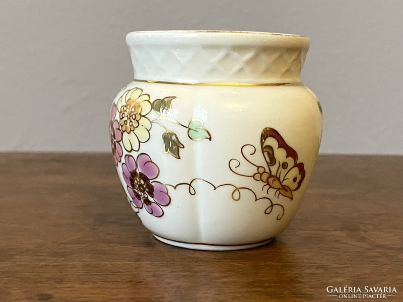 Painted Zsolnay porcelain ornament, a small vase with butterflies and flowers