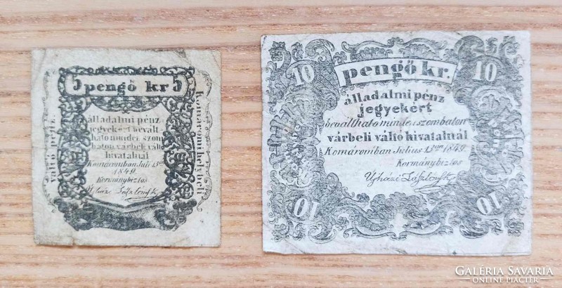 Szabadságharc Komárom 5 + 10 Pengő Krajcár bankjegyek 1849