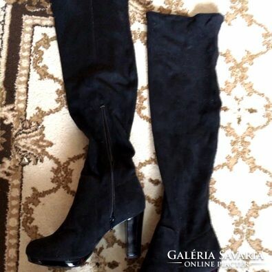 New! Over-the-knee/thigh-high, high-heeled, black velor boots size 37